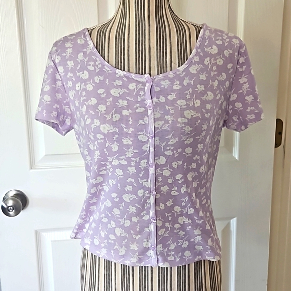 Self-Esteem Women Faux button down Short sleeve T-shirt/Top Size L